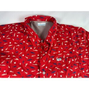 Columbia PFG Fishing Shirt XL Red White Blue Marlin Button Front Short‎ Sleeve